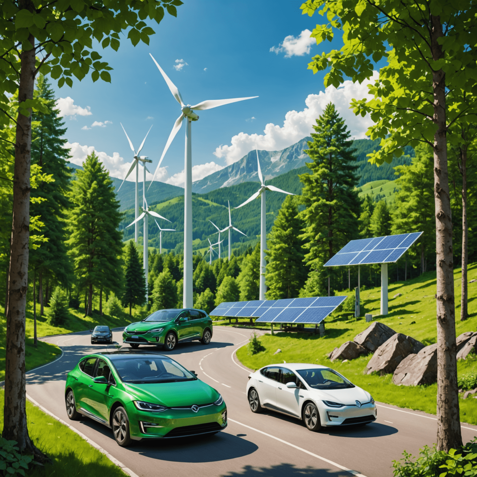 A collage of green energy technologies including wind turbines, solar panels, and electric vehicles set against a backdrop of lush forests and clear skies, symbolizing a clean and sustainable future