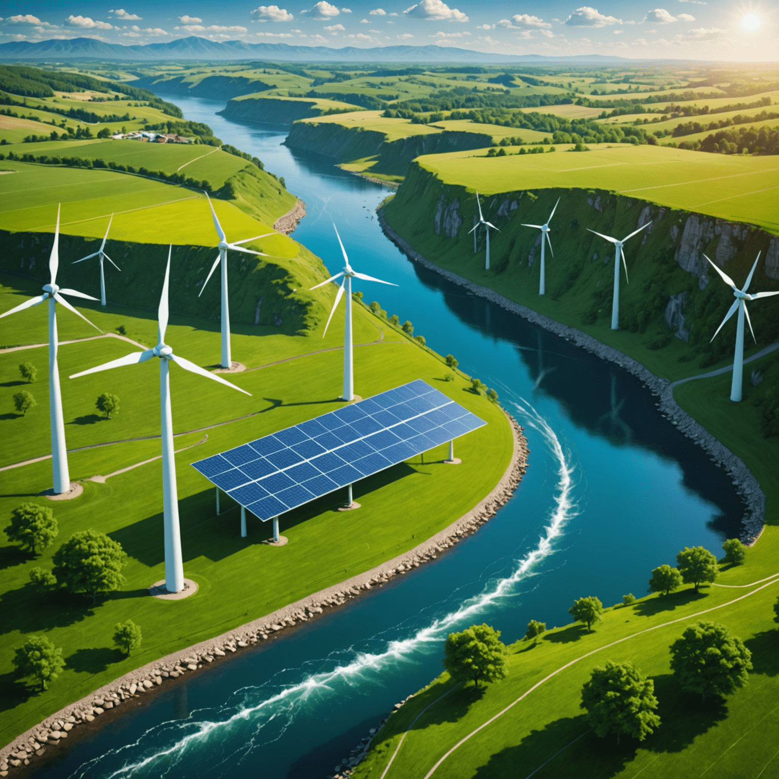 A vibrant image showcasing various forms of green energy such as wind turbines, solar panels, and hydroelectric dams, symbolizing a clean and sustainable future