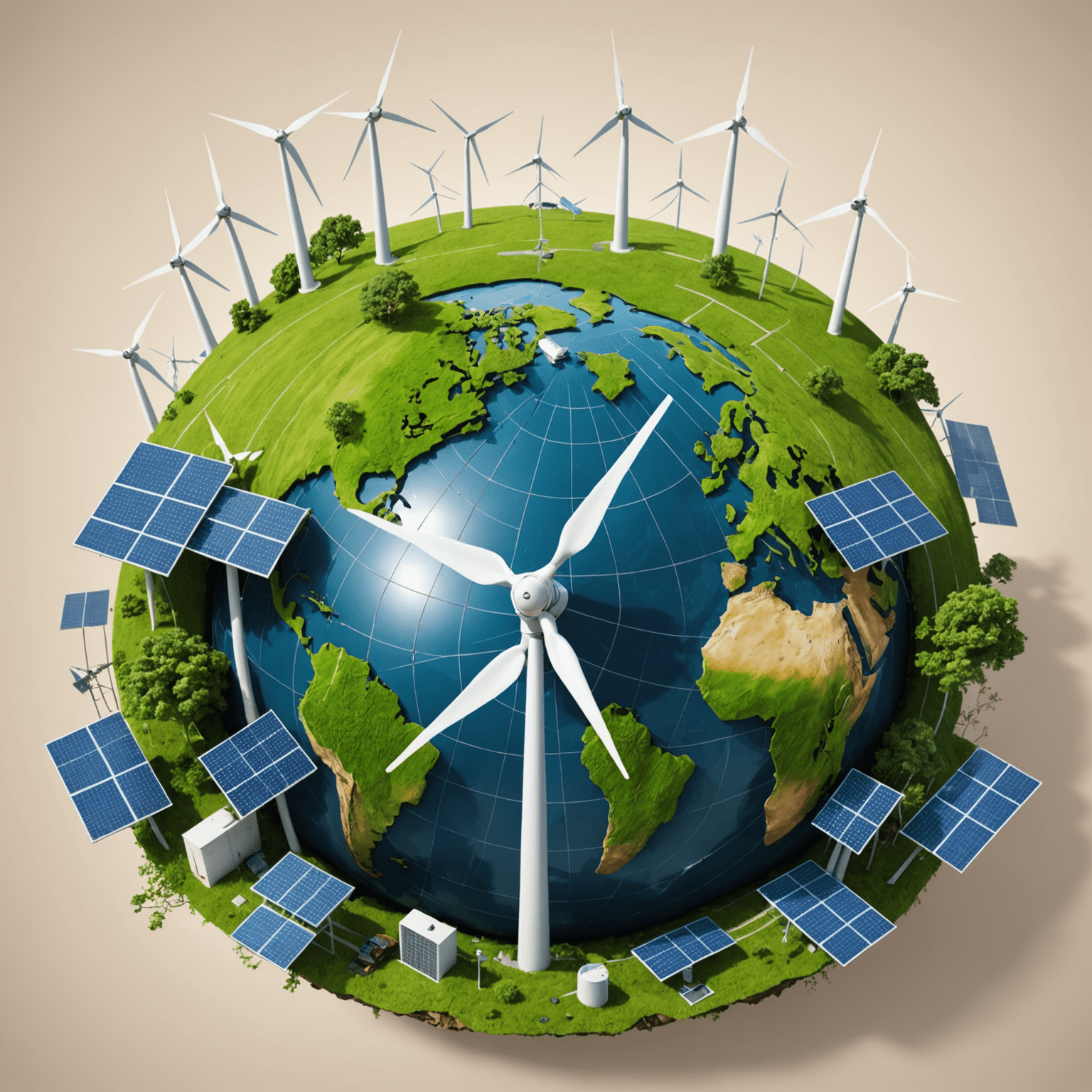 A collage of green energy sources including wind turbines, solar panels, and hydroelectric dams, symbolizing the fight against climate change