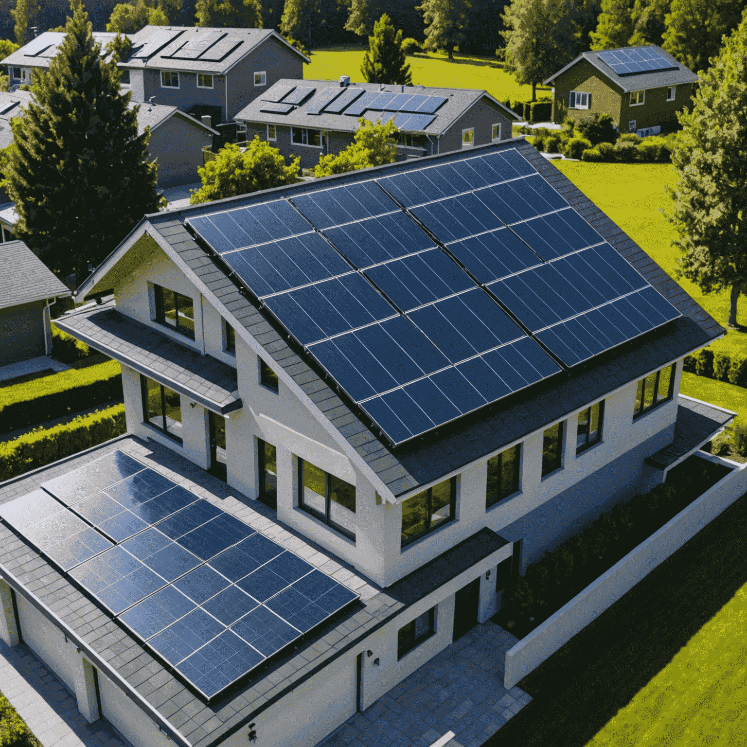 Solar panels installed on a modern house roof, capturing sunlight on a clear day. The panels are sleek and efficient, showcasing the latest advancements in solar technology.