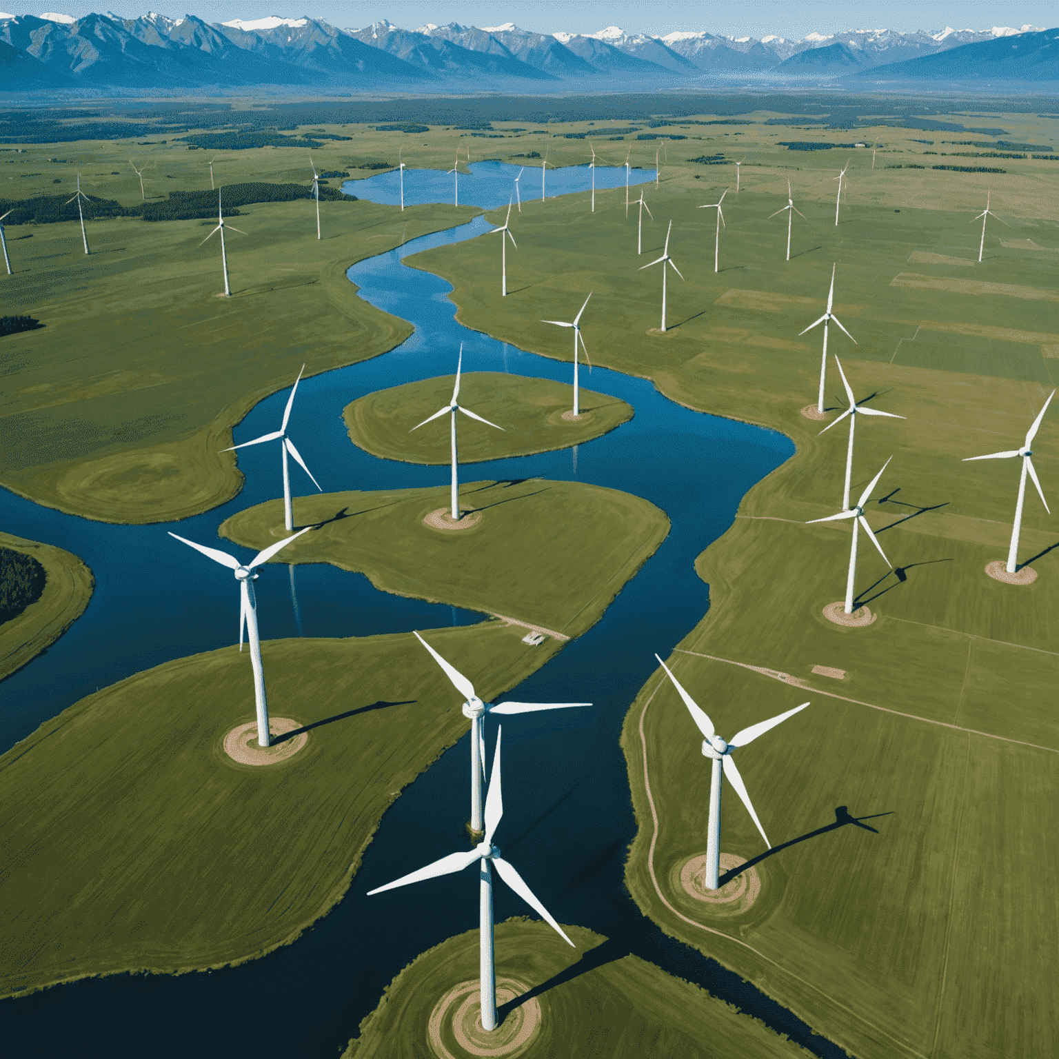 Aerial view of a large wind farm in Canada, showcasing dozens of wind turbines spread across a vast landscape with mountains in the background