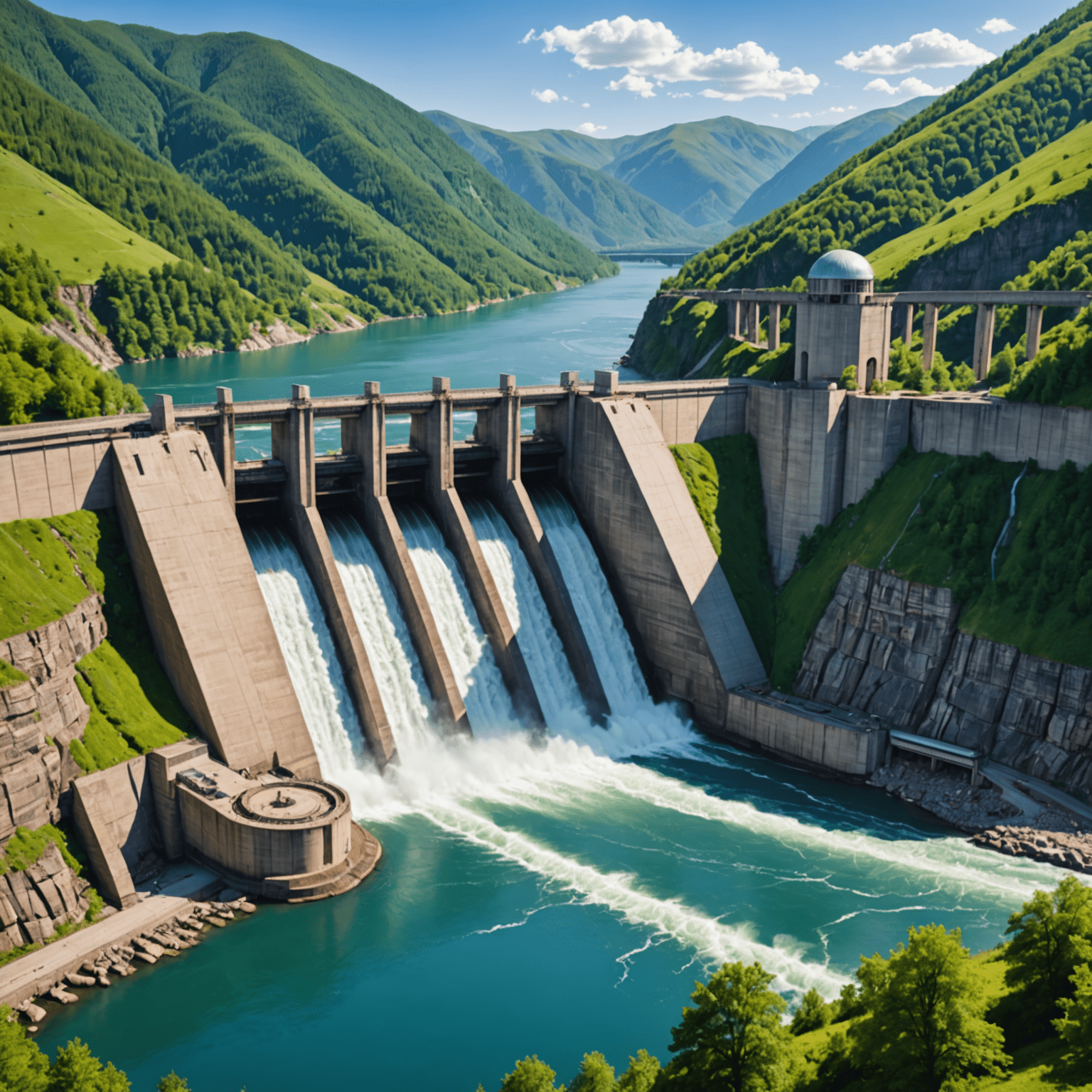 Large hydroelectric dam with water flowing through turbines, surrounded by lush green mountains and a clear blue sky