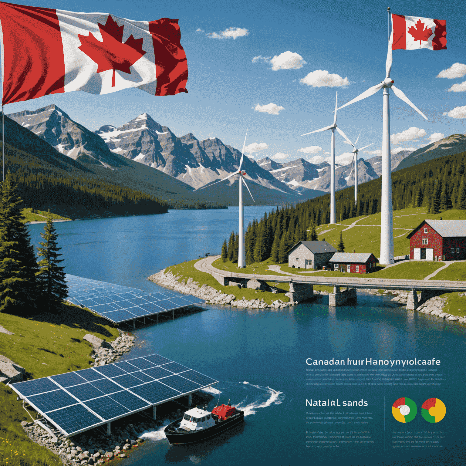 Infographic showing various green energy sources like wind turbines, solar panels, and hydroelectric dams with Canadian flag in the background