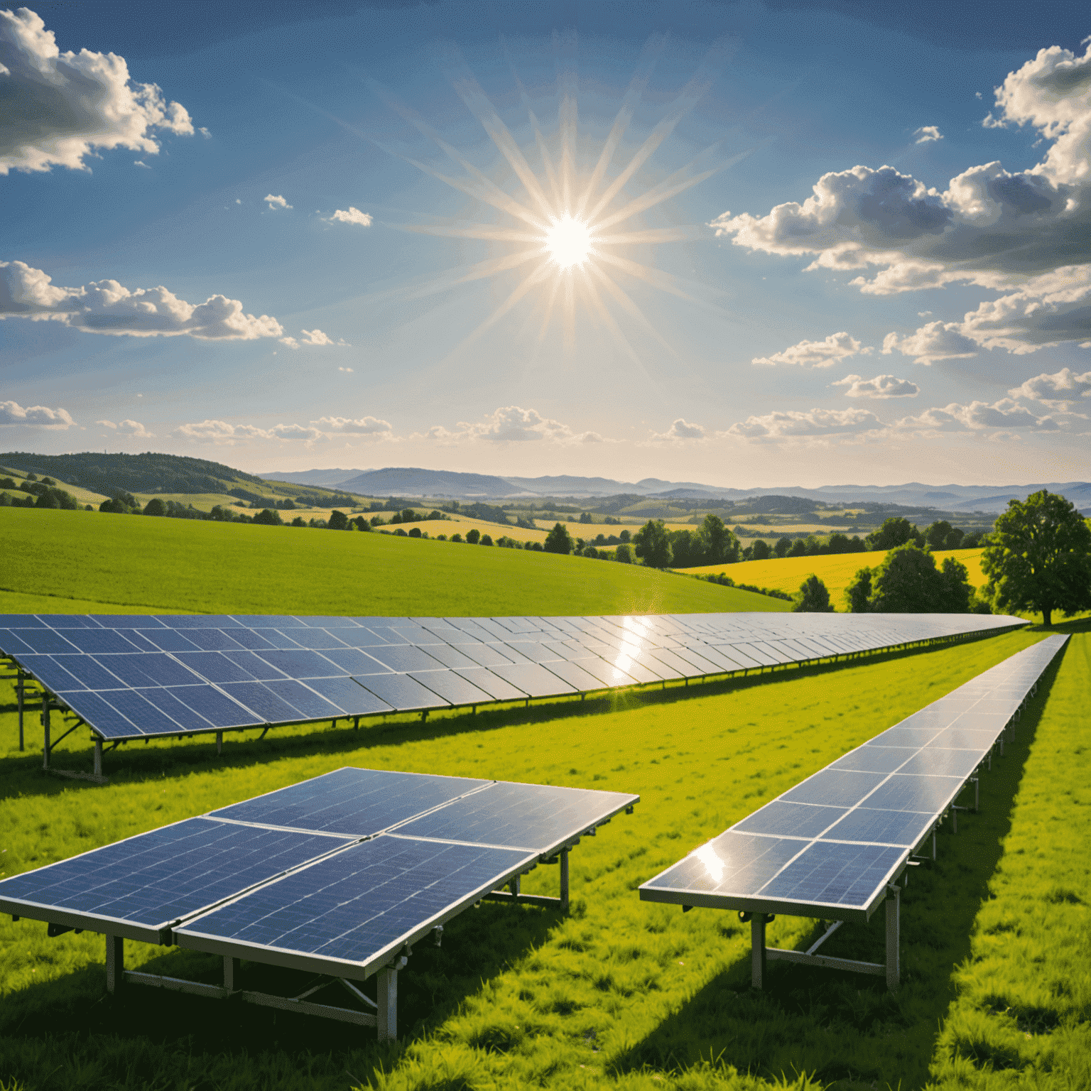 Solar panels on a green field with a bright sun in the background, symbolizing the solar power revolution