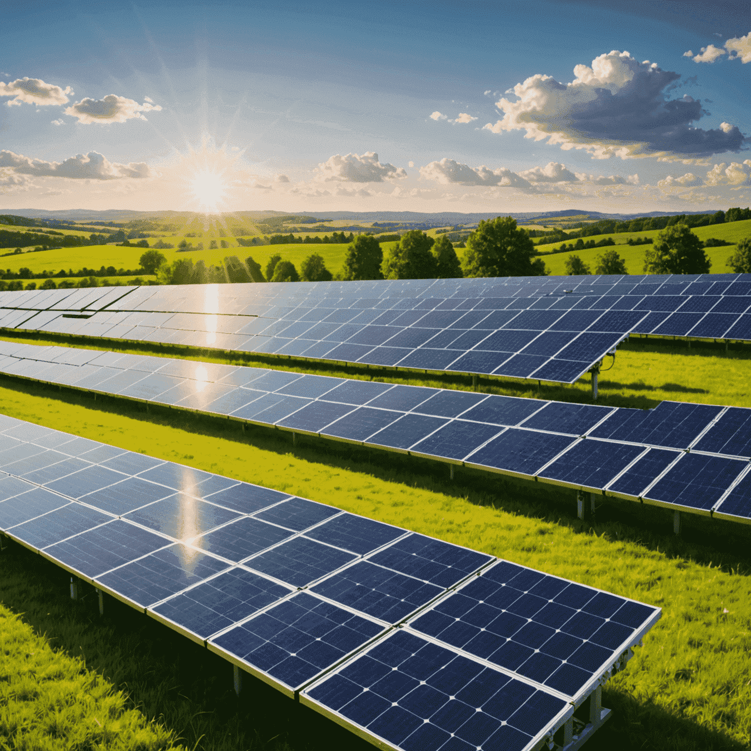 Solar panels on a green field with a bright sun in the background, showcasing the latest advancements in solar technology