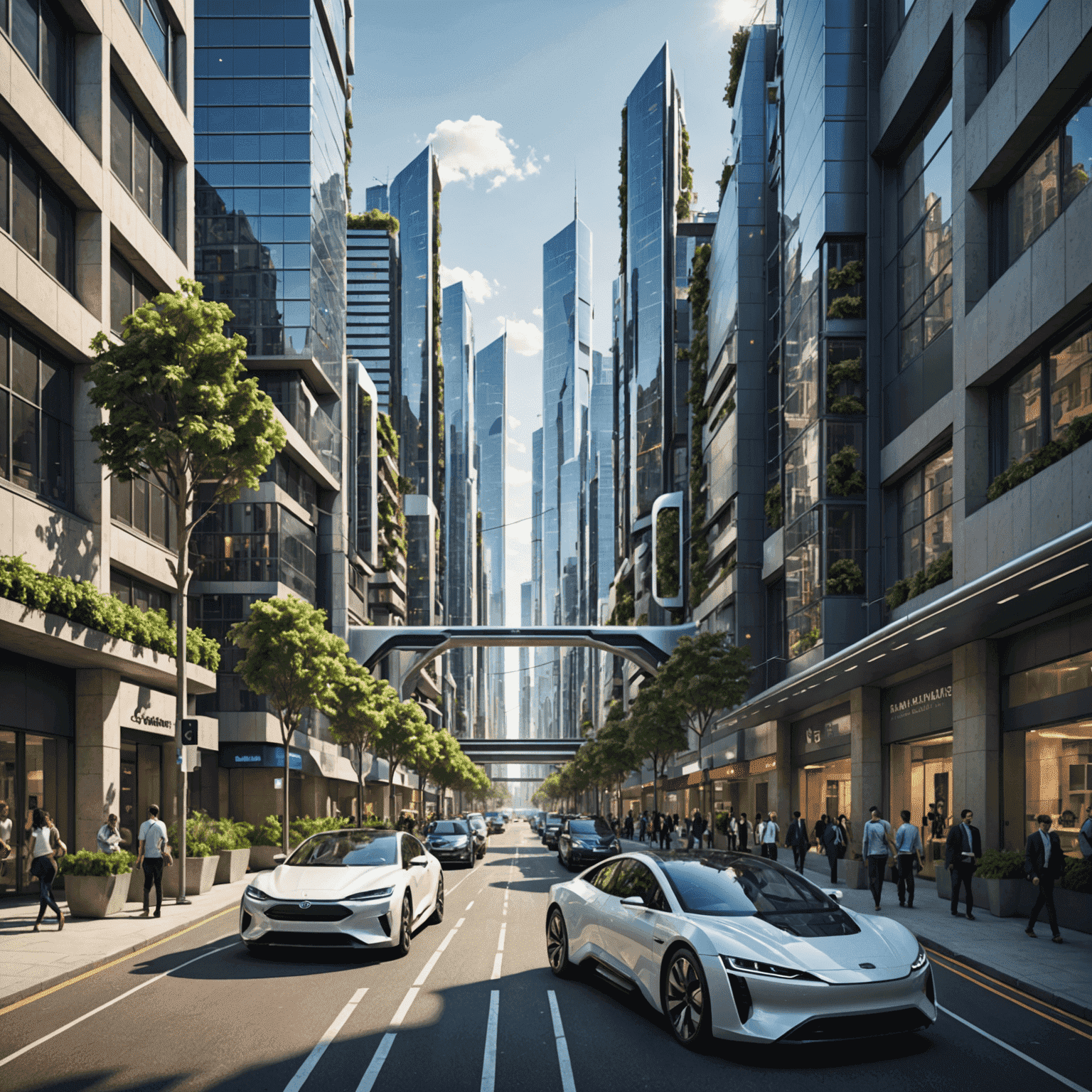 A futuristic cityscape with integrated solar technology. Buildings have solar panels seamlessly incorporated into their facades, and solar-powered vehicles navigate the streets.