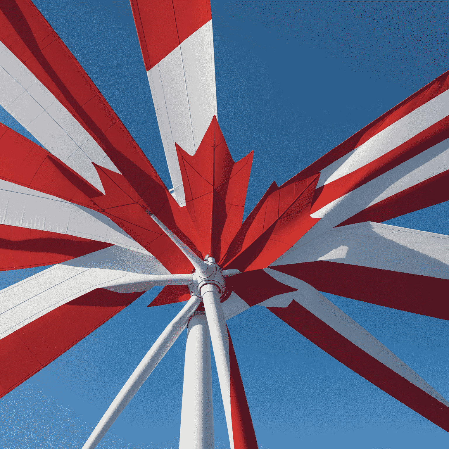 Close-up of a modern wind turbine blade with the Canadian flag superimposed, symbolizing Canada's commitment to wind energy