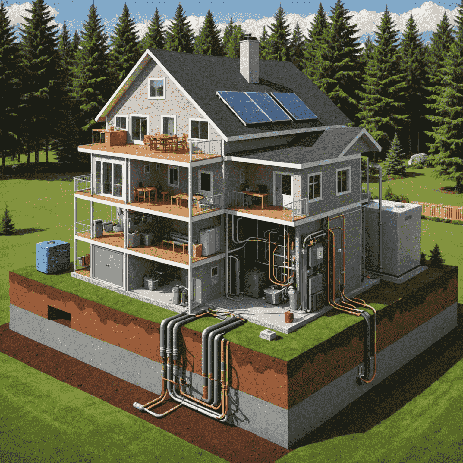 A cutaway diagram of a residential geothermal heat pump system, showing underground pipes circulating fluid to exchange heat with the Earth. The image includes a modern Canadian home above ground, emphasizing the system's integration with everyday living.