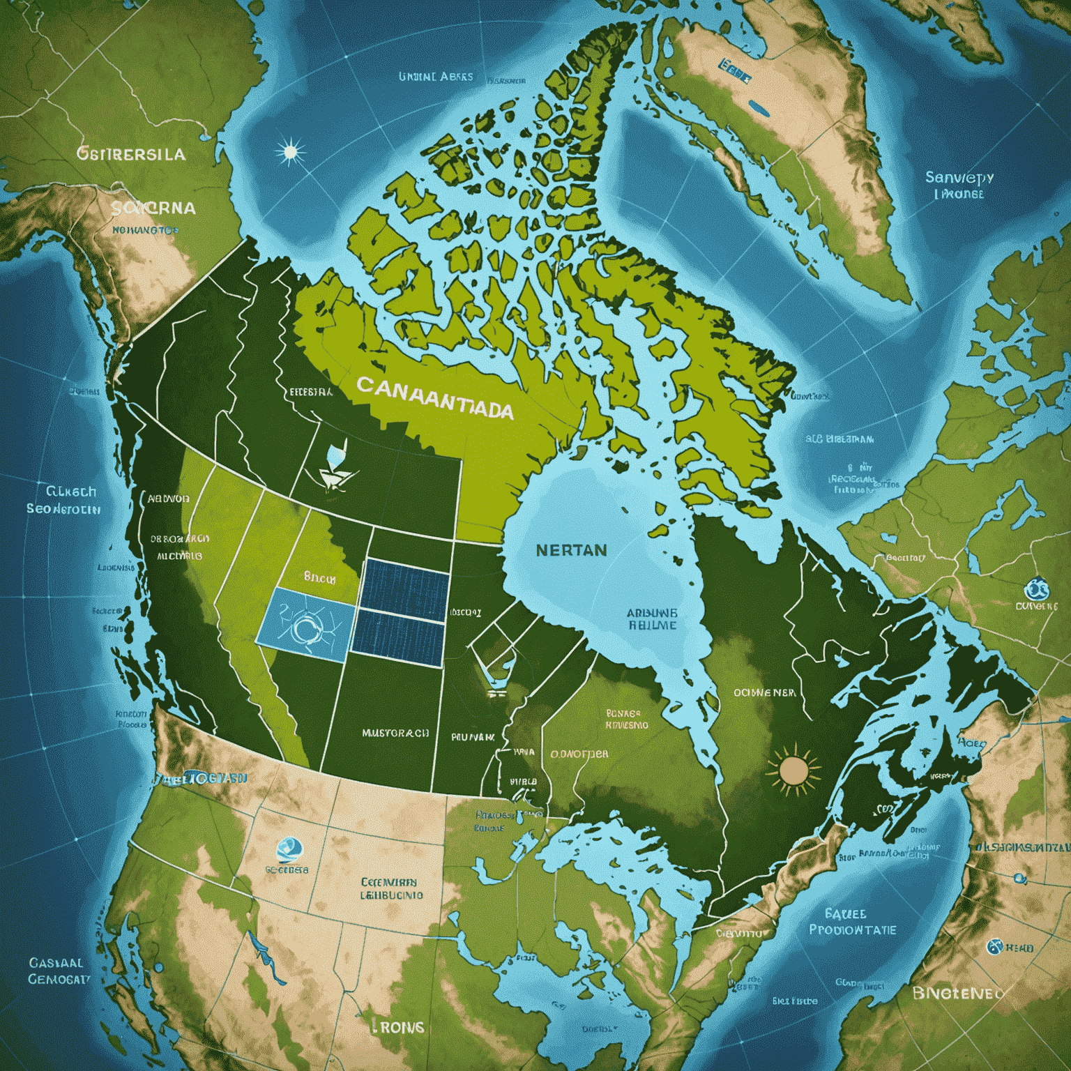 Map of Canada highlighting different provincial green energy initiatives with icons representing solar, wind, and hydro power