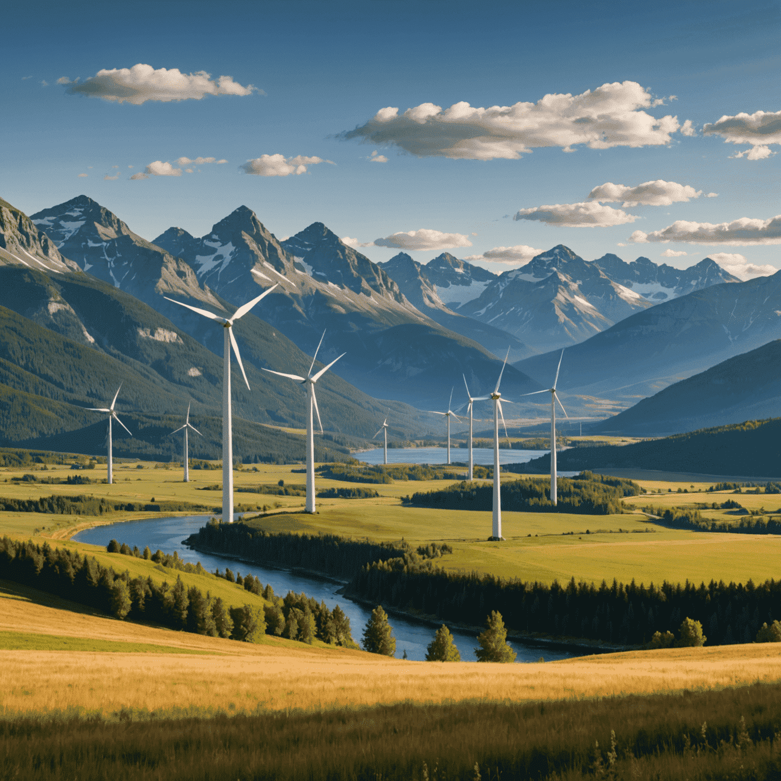 Wind turbines on a Canadian landscape with mountains in the background, showcasing wind energy potential