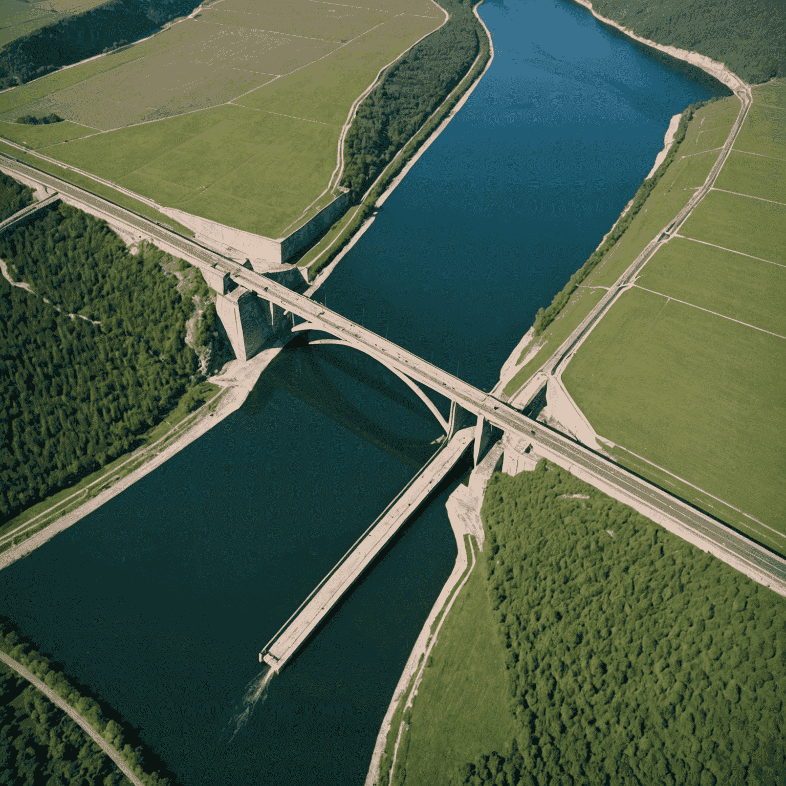 Aerial view of a large reservoir created by a hydroelectric dam, showing the extent of flooded land