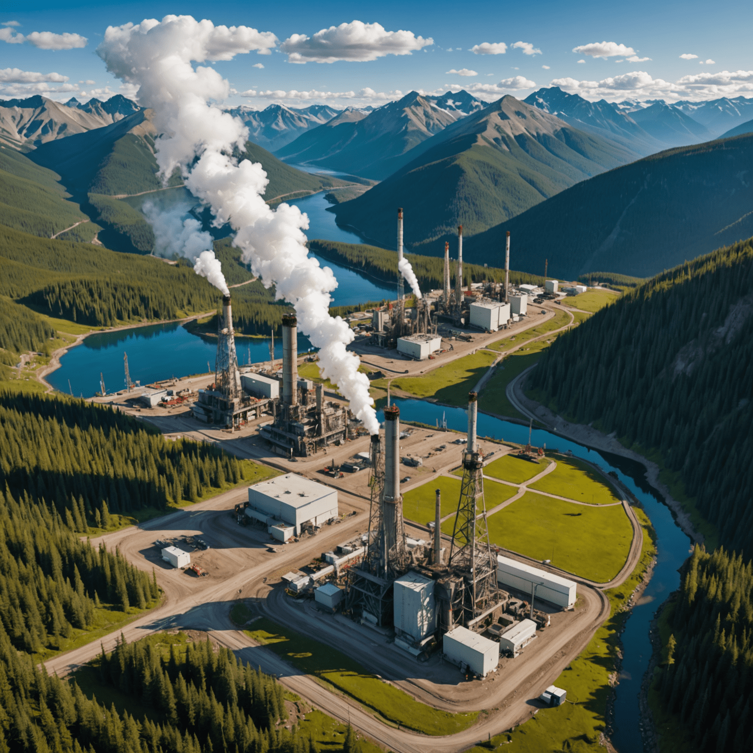 An aerial view of a Canadian geothermal energy project in a picturesque mountain setting. The image shows drilling rigs, power plant facilities, and transmission lines integrated harmoniously with the natural landscape, emphasizing sustainable development.