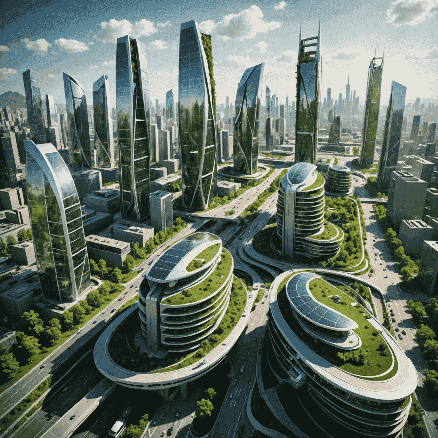 Futuristic cityscape with advanced green energy technologies integrated into buildings and infrastructure