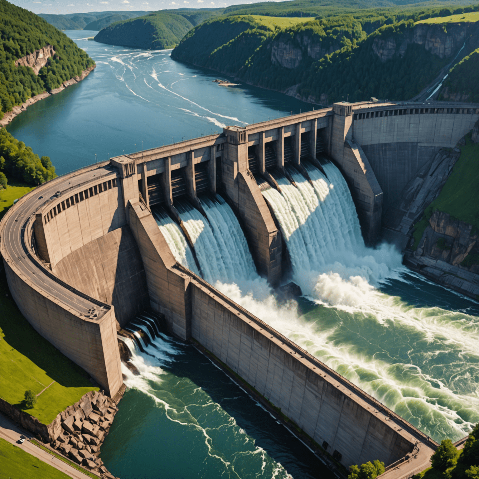 A large hydroelectric dam with water flowing, illustrating the power and scale of hydroelectric energy