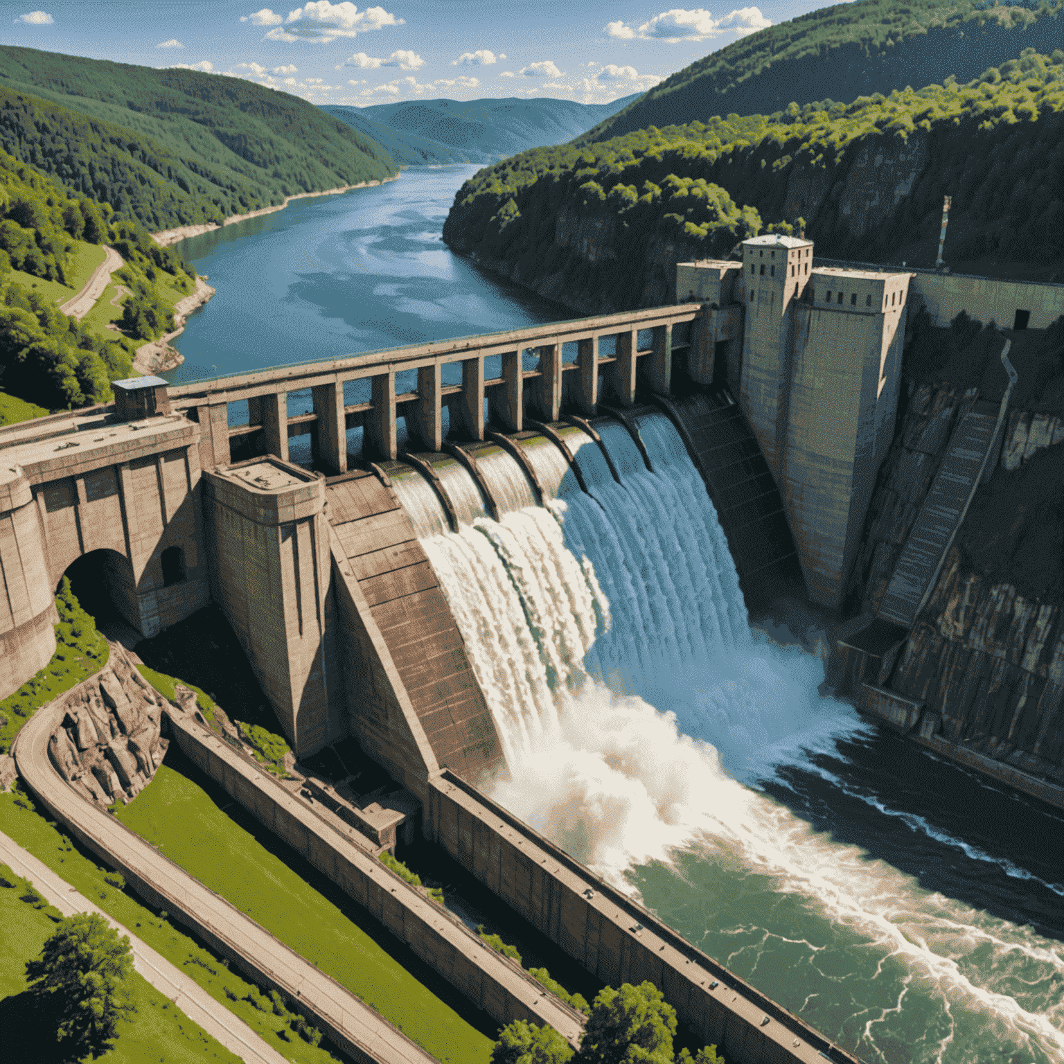 A large hydroelectric dam with water flowing, illustrating the power and scale of hydroelectric energy