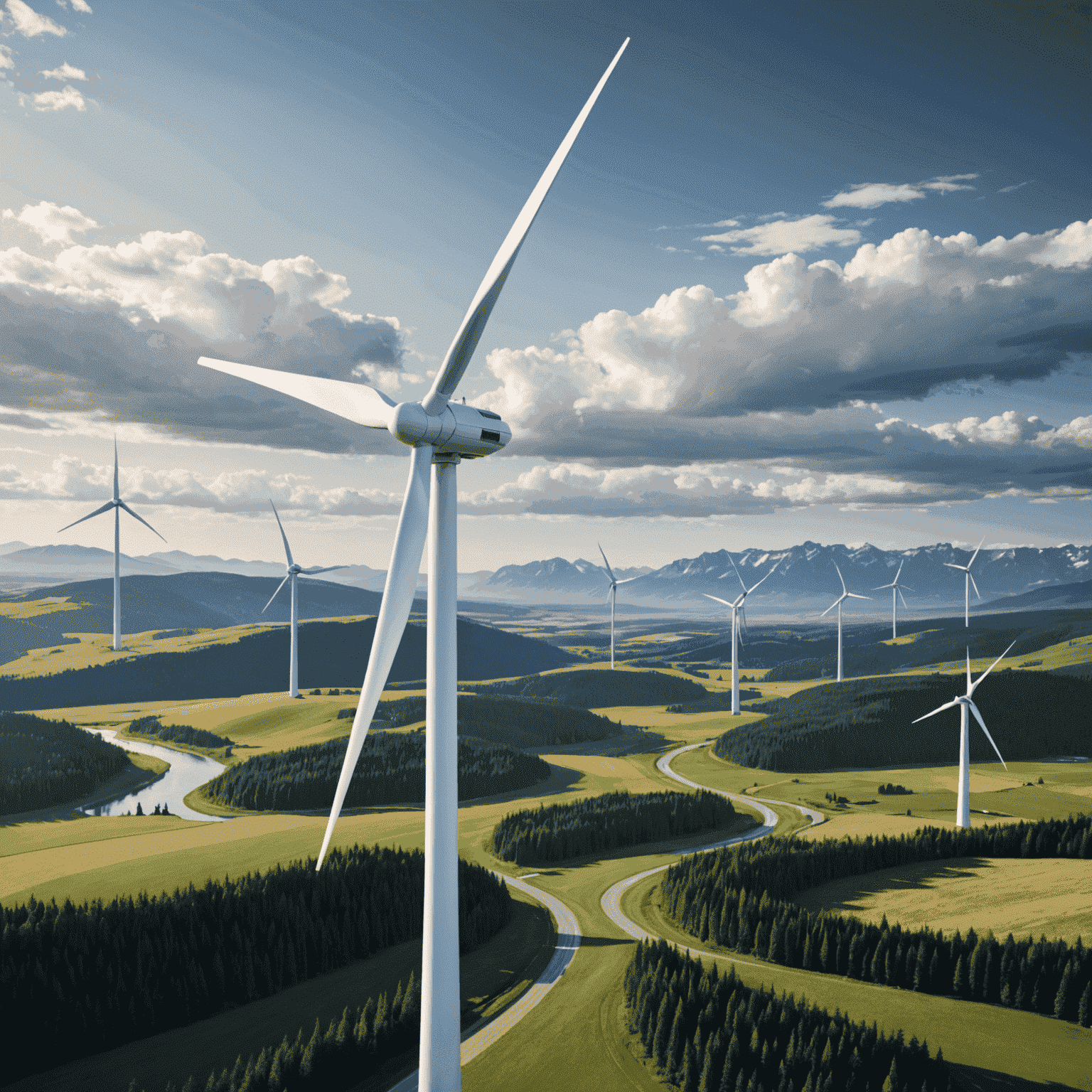 Futuristic render of an advanced wind turbine design with Canadian landscape in the background